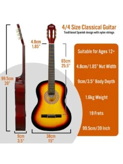 3rd Avenue Full Size 4/4 Classical Guitar Beginner Bundle - 6 Months FREE Lessons - Sunburst -Household Appliances Store TATMK SQ2 0000000099 N A SLd