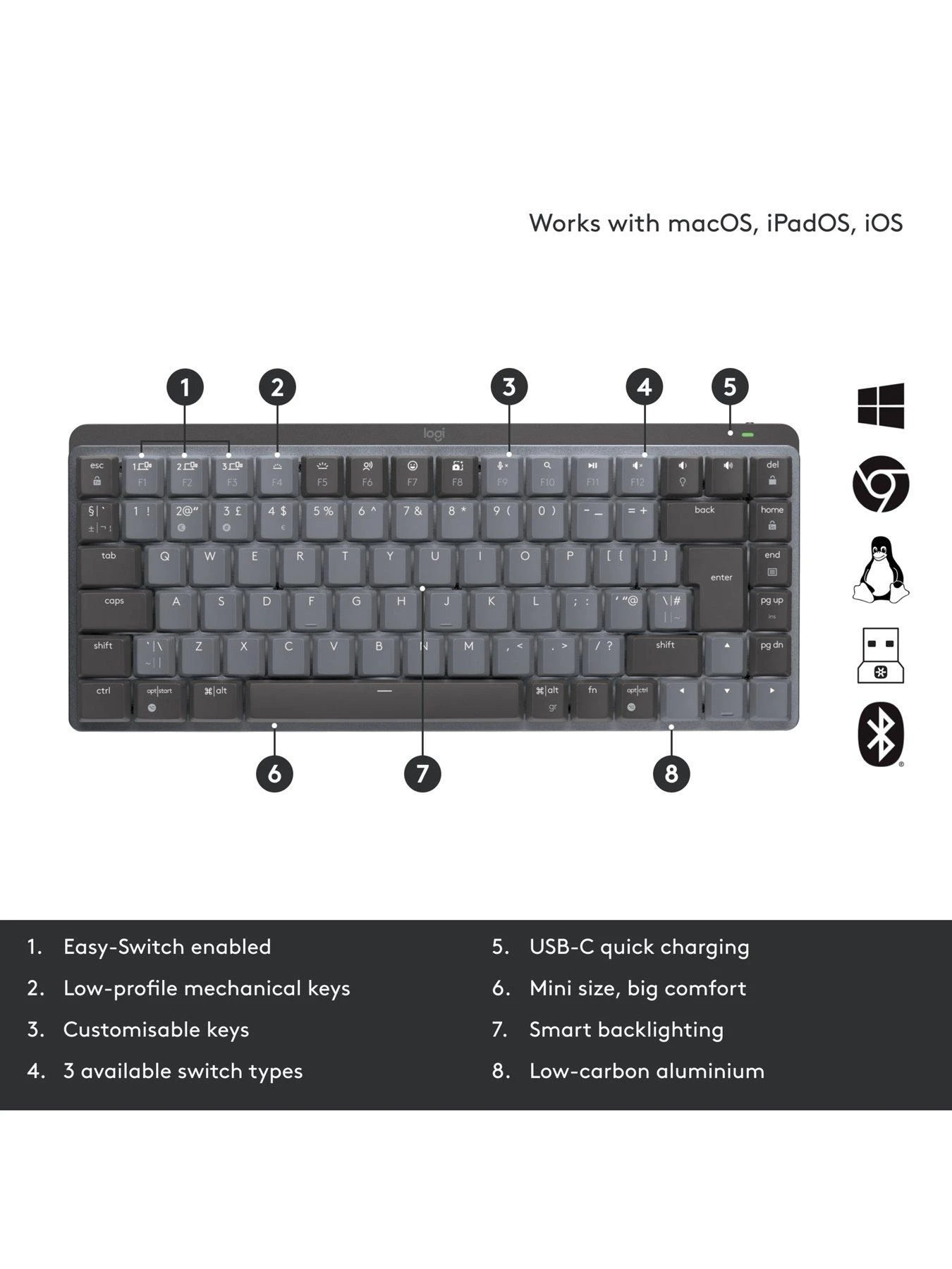 Logitech MX Mechanical Mini Minimalist Wireless Illuminated Keyboard - GRAPHITE - UK - EMEA 8 Logitech MX Mechanical Mini Minimalist Wireless Illuminated Keyboard - GRAPHITE - UK - EMEA - Image 6